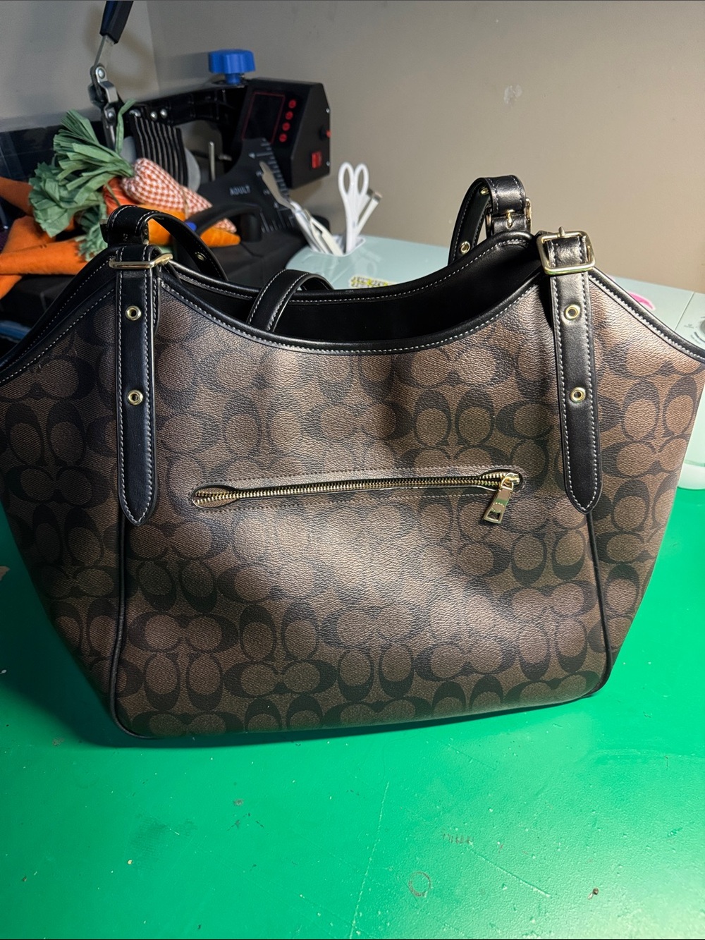 Coach Brown Signature Monogram Tote with Gold Accents - Picture 2 of 5